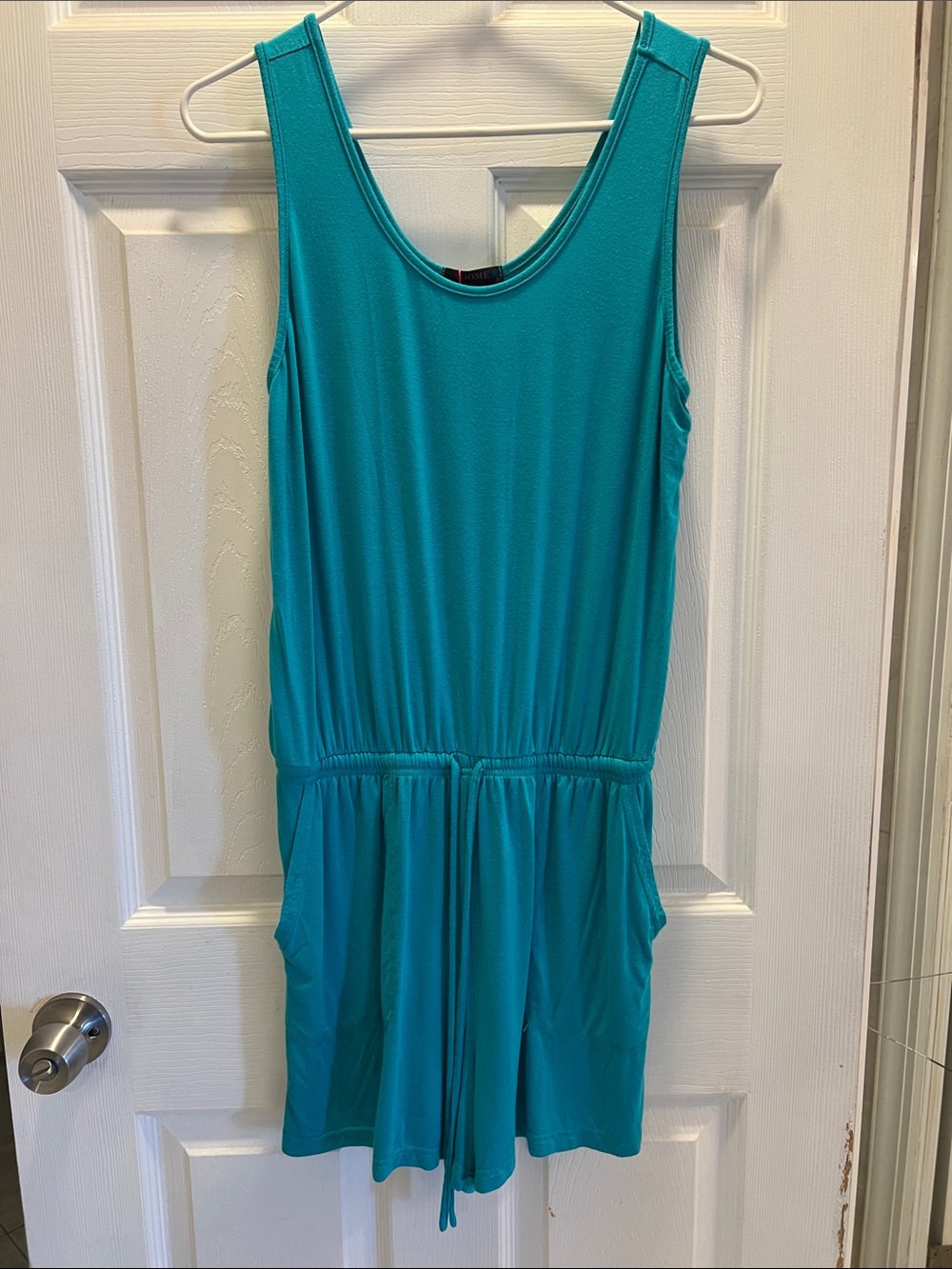 Women's Buttery Soft Teal Sleeveless Romper with Drawstring Waist and Pockets